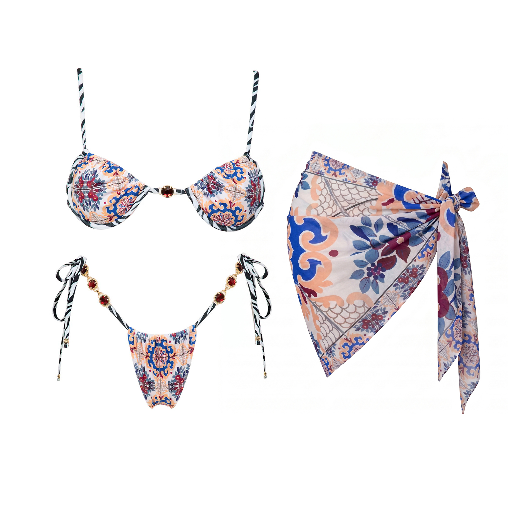 Printed Wrap Skirt - 3Pcs Micro Bikinis Sexy Women Swimsuit