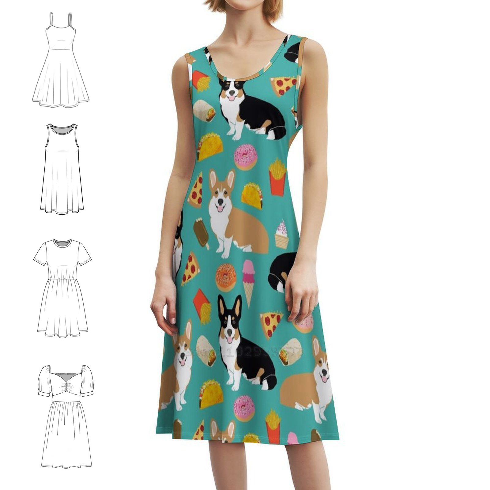 Women Fashion Gown - Welsh Corgi Pizza Slice Tacos Ice