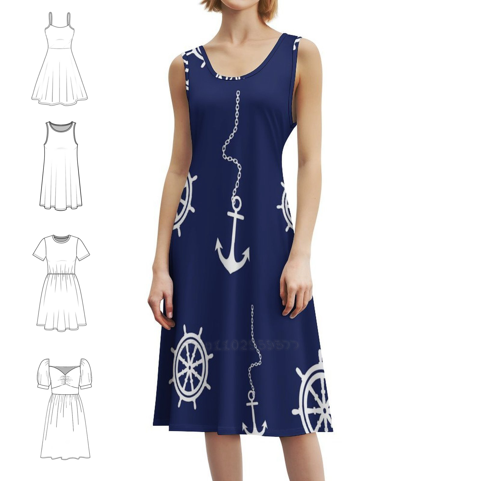 Women Fashion Gown - Pattern-Navy And White Anchors And Steering