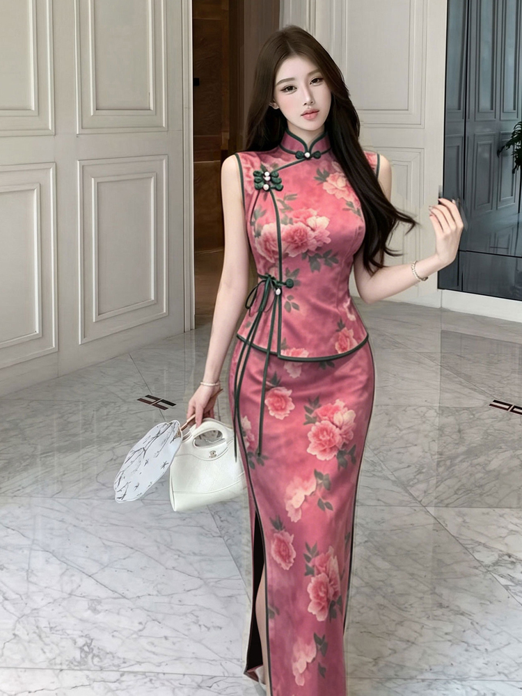 Printed Wrap Skirt - New Chinese Style Retro Button Print