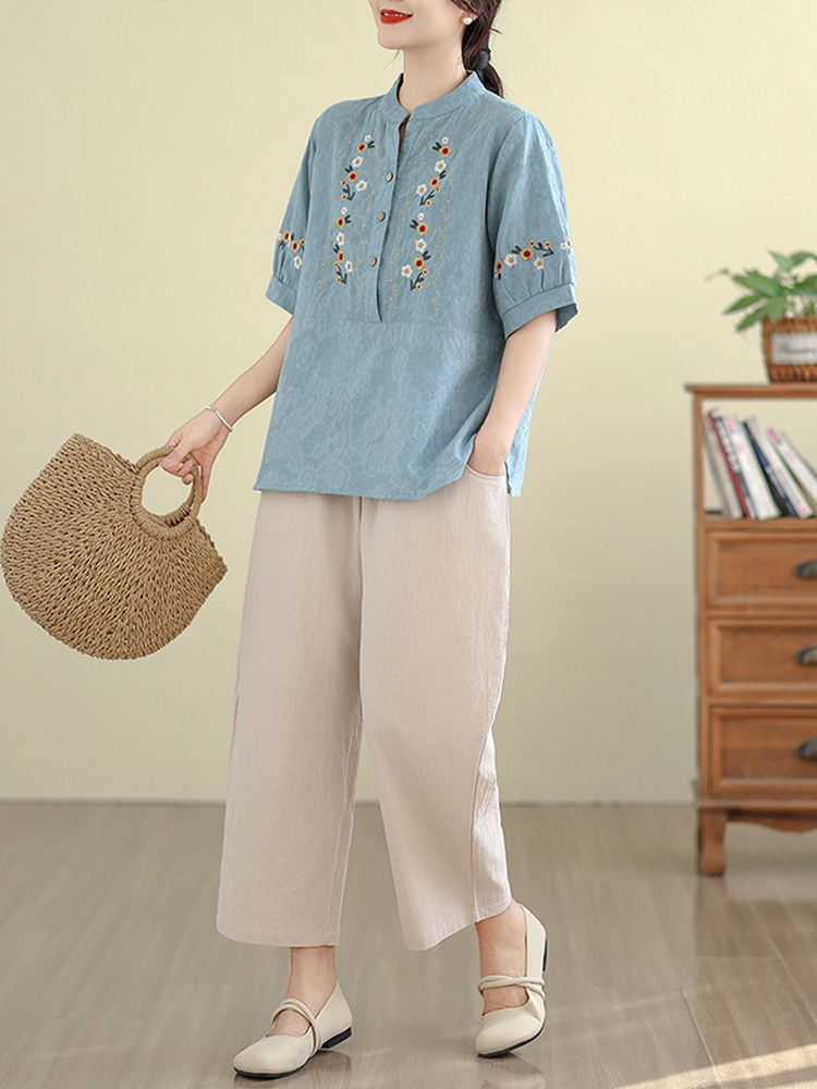 Women Fashion Over The Years - Elegant Cotton Linen Embroidered Short Sleeve