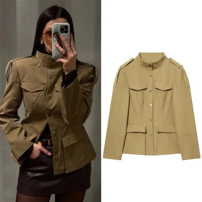 Women'S Fashion Utility Belt - Women's Khaki Stand Collar Utility Jacket
