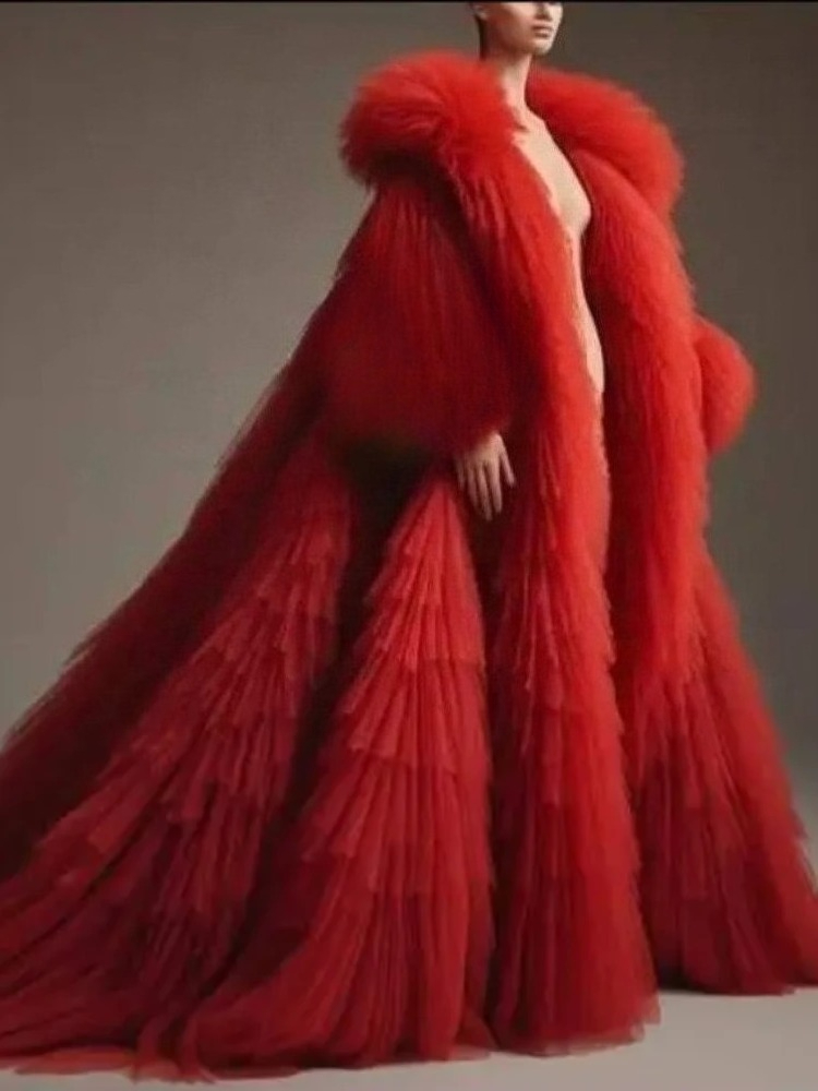 Red fluffy pleated ruffled lon - Women Fashion Reddit reseña y precio