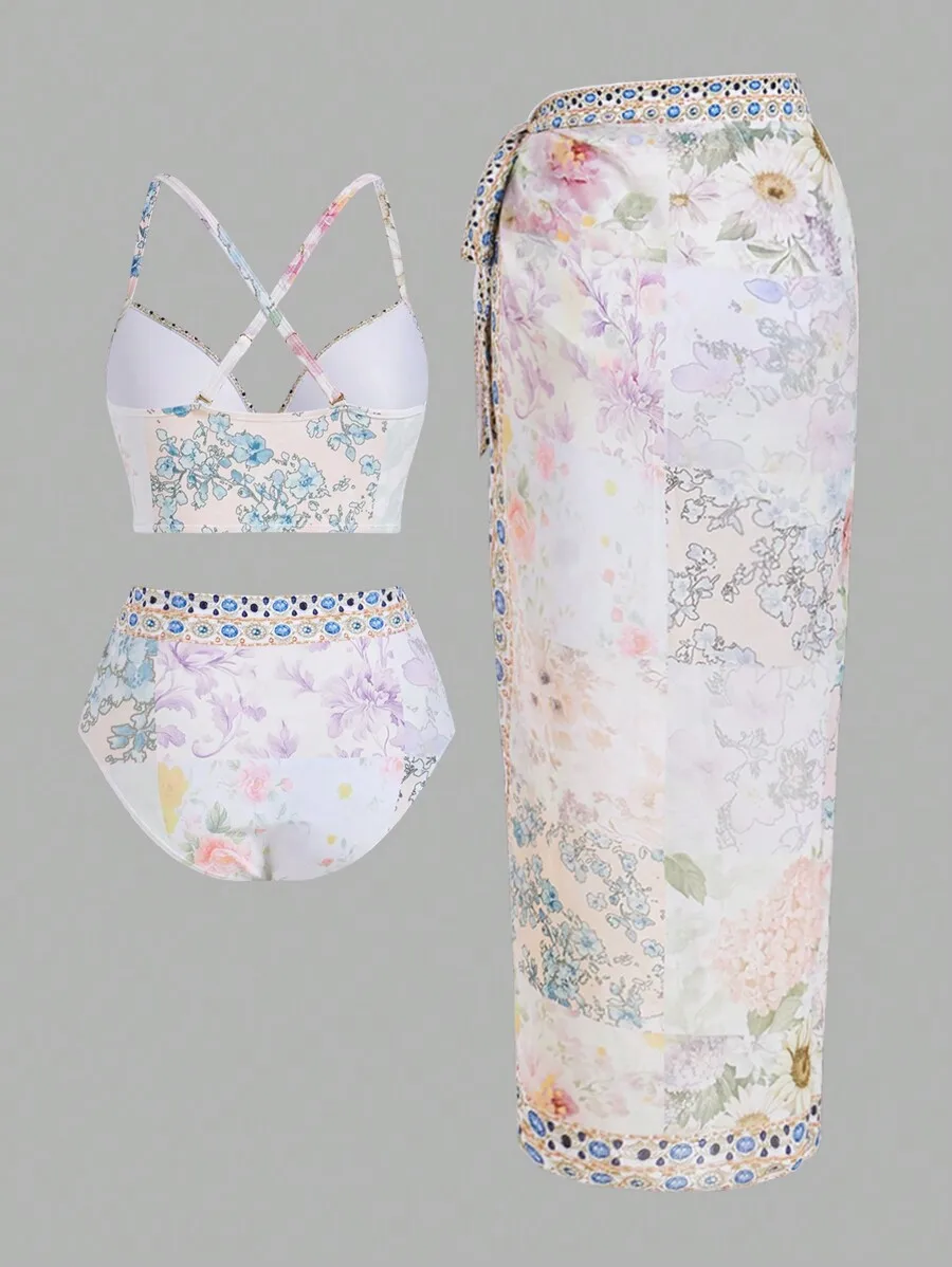 Women Floral Print Bikini Set  - Printed Wrap Skirt reseña y precio